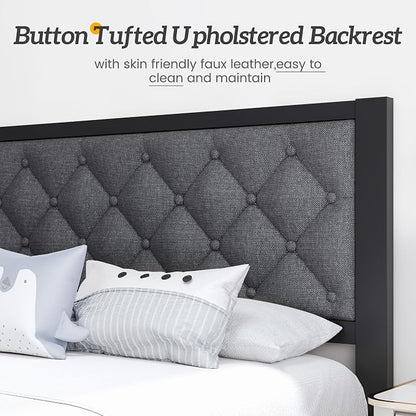 HISOFT Twin Bed Frame with Upholstered Button Tufted Headboard, Bed Frame Platform Metal Slats Support, Under Bed Storage, No Box Spring Needed, Noise-Free, Easy Assembly, Grey