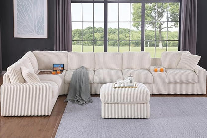 Ball & Cast 157" Oversized Modular Sectional Sofa L-Shaped,Large Corduroy Upholstered Couch 8 Seat with Ottoman,Cup Holders & USB Ports,Comfty Sectionals W/Pillows & Storage Box,for Living Room,Beige