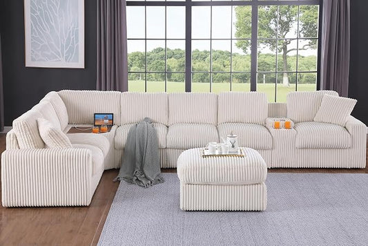 Ball & Cast 157" Oversized Modular Sectional Sofa L-Shaped,Large Corduroy Upholstered Couch 8 Seat with Ottoman,Cup Holders & USB Ports,Comfty Sectionals W/Pillows & Storage Box,for Living Room,Beige