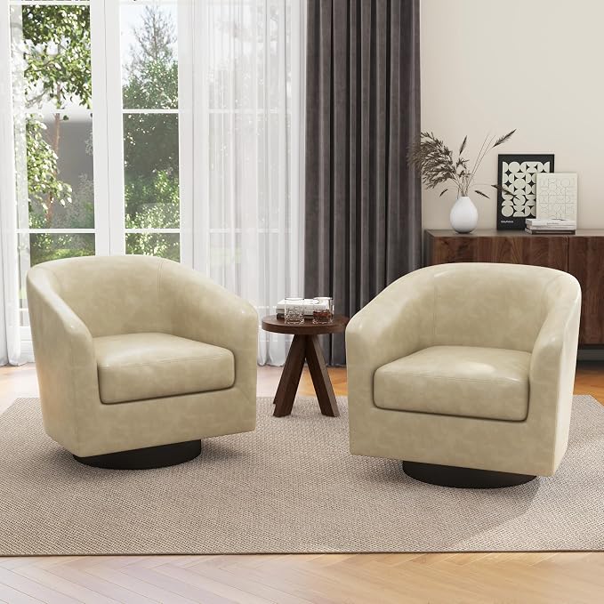 Swivel Barrel Accent Chairs Set of 2, Faux Leather Club Chair Upholstered Armchair for Living Room, Modern Arm Chair Small Single Sofa Bedroom Side Reading Seat - Cream