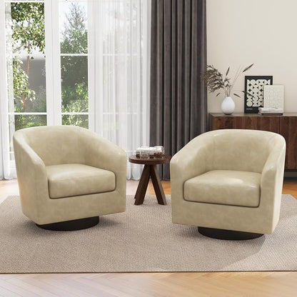 Swivel Barrel Accent Chairs Set of 2, Faux Leather Club Chair Upholstered Armchair for Living Room, Modern Arm Chair Small Single Sofa Bedroom Side Reading Seat - Cream