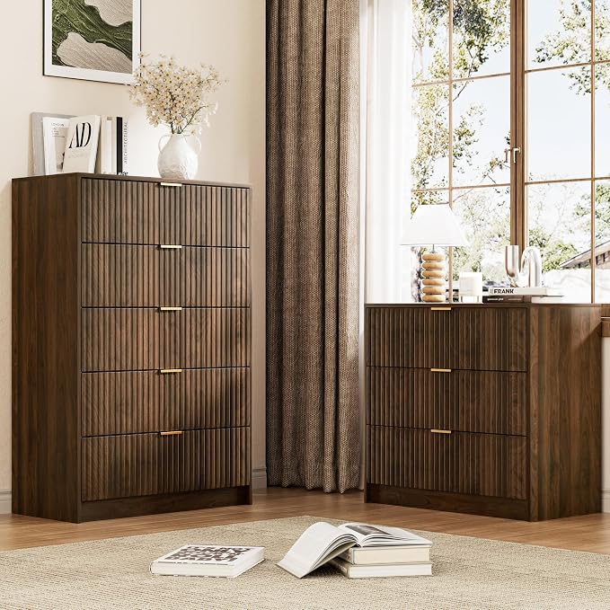 Furniway Walnut Dresser for Bedroom, Modern Dresser with 3 Drawers and Smooth Slides, Wide Chest of Drawers with Golden Handles for Bedroom, Living Room, Closet, 15.7" D x 31.5" W x 29.6" H