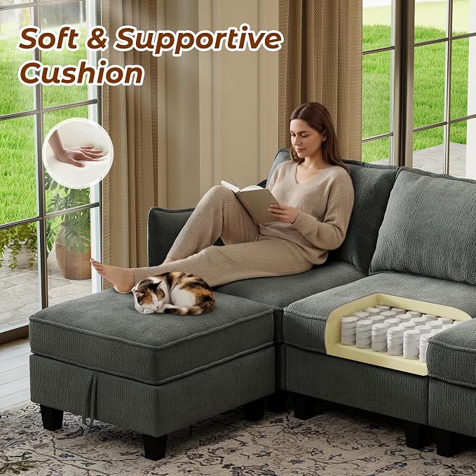WorthFurni Modular Sectional Sofa L Shape Couches with Storage Ottoman and Washable Cushion Cover for Living Room, Apartment, Bedroom(Grey)