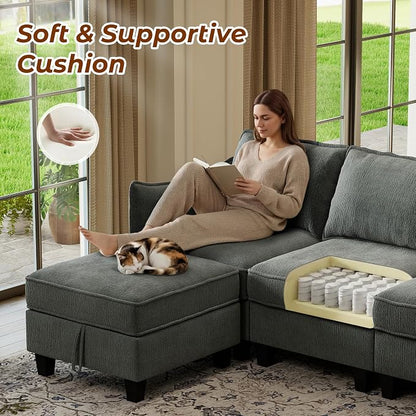 WorthFurni Modular Sectional Sofa L Shape Couches with Storage Ottoman and Washable Cushion Cover for Living Room, Apartment, Bedroom(Grey)