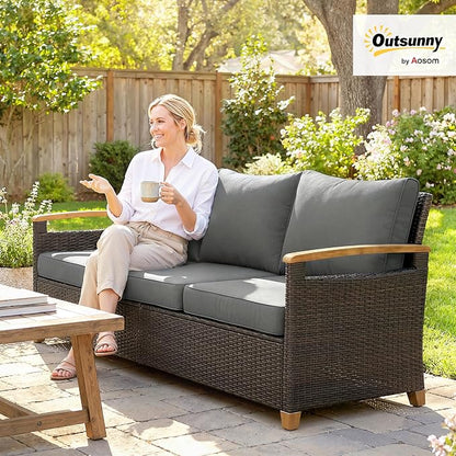 Outsunny 3 Seater Outdoor Couch Sofa, PE Wicker Patio Couch with Wide Deep Seating, 4" Foam Cushions, Wood-Effect Armrests and Legs, Patio Sofa Furniture for Garden, Backyard, Porch, Gray