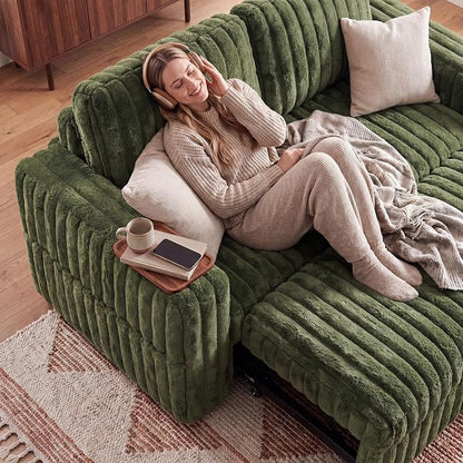 HONBAY Plush Corduroy Loveseat Sleeper Sofa,Modular Pull Out Sofa Bed,Couches for Living Room,Plush Green