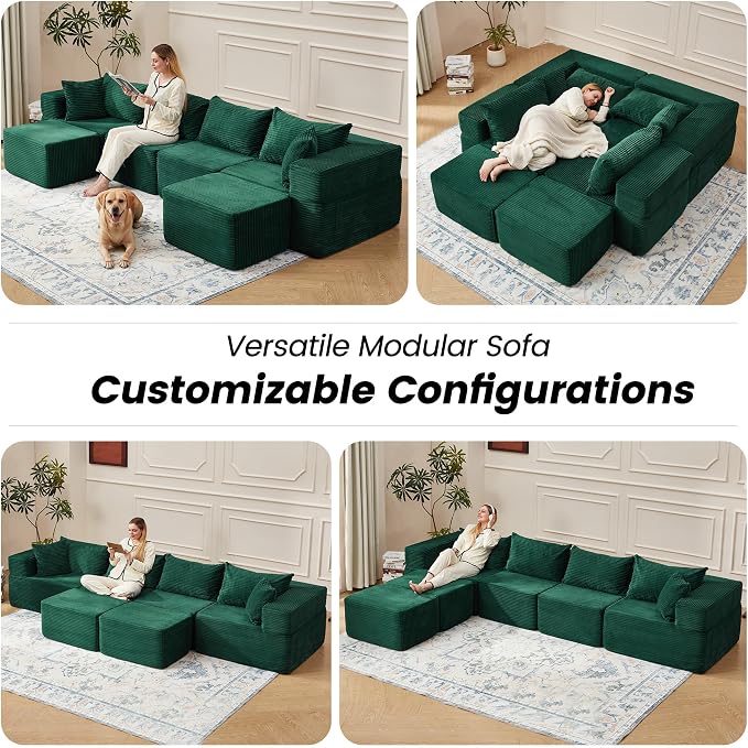 HOMREST 131" Cloud Couch Sectional, U Shaped Modern Sofa with 2 Ottomans, Comfy Corduroy Fabric Modular Sectional Sofa in a Box, Boneless Couches for Living Room, No Assembly Required (Green)