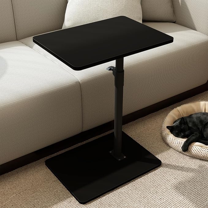 YUHFERA Sofa Armrest Tray Table for Couch - 360 Swivel Height Adjustable C-Shaped End Table for Small Spaces, Snack Side Table for Bed or Chair with Phone & Tablet Slot, Black, Enlarged