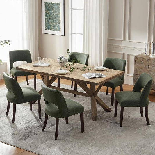 VKNOW Modern Dining Chairs Set of 6 with Rubberwood Legs, Green | Faux Leather, Curved Back, For family, Kitchen Dining Room Restaurant Reception Room, No wobble, 80% pre-installed