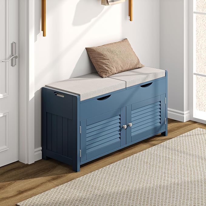 ChooChoo Shoe Storage Bench with Lift Top Storage, Entryway Bench with 2 Cushioned Seats, 3 Compartments, Adjustable Shelf, Shoe Cabinet for Entryway, Bedroom, Living Room, Blue