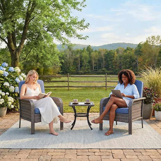 Garvee 2 Pieces Patio Furniture Set, Outdoor Wicker Chairs of 2,All Weather High Back Rattan Chairs 2-Seater with Comfy Cushions for Porch Deck,Gray & Blue