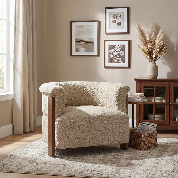Merax 31.7" Mid-Century Teddy Fleece Barrel Accent Chair, Brown | Brown Teddy Fleece Upholstered Armchair, Modern Wraparound Lounge Chair for Living Room, Bedroom, Entryway