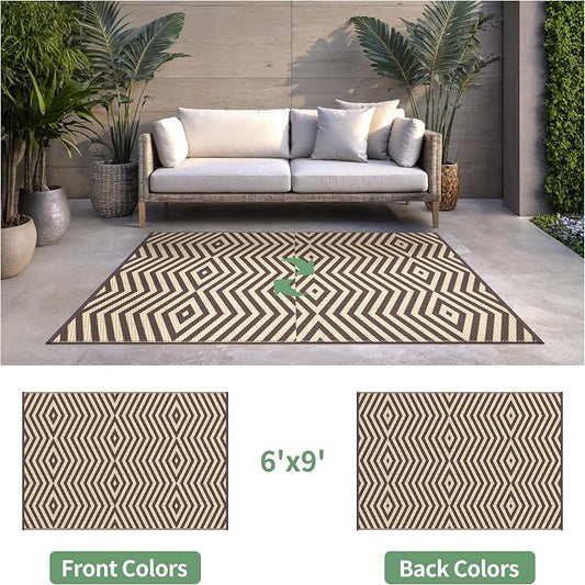 GENIMO Outdoor Rug for Patio Clearance, 6'x9' Reversible Plastic Straw Rugs, Lightweight Waterproof Modern RV Camping Mat for Camper, Balcony, Deck, Backyard, Picnic, Coffee Beige