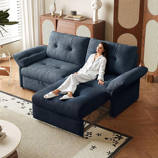 81.5" Pull Out Sofa Bed Full Size, Pre-Assembled Chenille Sleeper Sofa, Convertible Loveseat Futon Couch with Tufted, Pillows, for Apartment, Living Room, Small Spaces, dorms, Blue