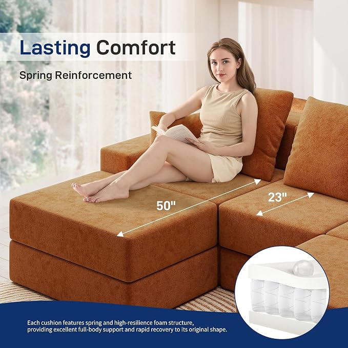 Living&Giving 101" U-Shaped Cloud Sectional Couch for Living Room, Cloud Boneless Couch-No Assembly with Reversible Chaise, Customizable 3-Seat Modular Sectional Sofa with 2 Ottoman, Orange