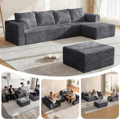 Modular Sectional Cloud Couch Boneless Convertible Sofa for Living 118" U-Shape Memory Foam Sectional Couches with Oversized Chaise