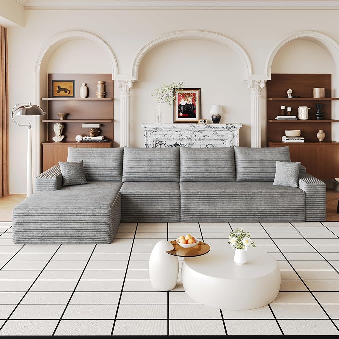 135" Oversized Cloud Sectional Couch Boneless Sofa for Living Room, Fluffy Corduroy Corner Couch with Deep Seat, Compressed Modular Sectional Sofa with L-Shaped Chaise, No Assembly Required