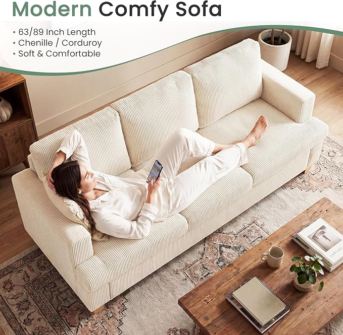 YOUDENOVA 63" Corduroy Sofa Couch Loveseat for Living Room, Small Seep Seat Loveseat Sofa for Bedroom, Comfy Chenille Couch for Small Spaces, White Corduroy