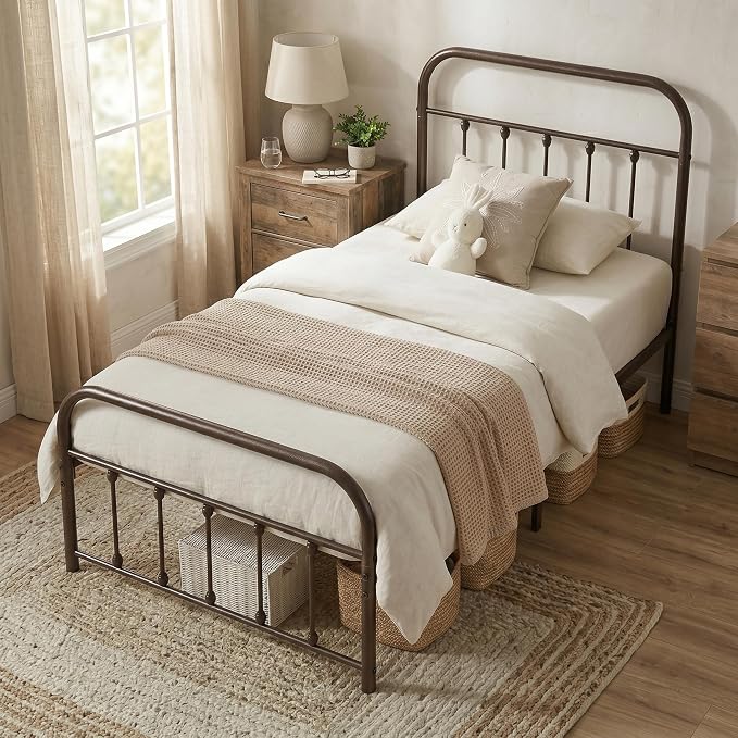 VECELO Purple Bronze Metal Bed Frame Twin Size with Vintage Headboard and Footboard, No Box Spring Needed, Premium Stable Steel Slat Support Mattress Foundation