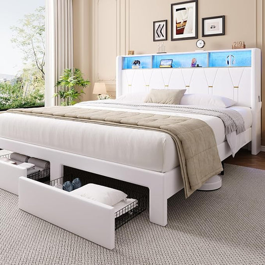 Allewie King Bed Frame with 2-Tier Storage Headboard, Charging Station & LED Lights, Velvet Upholstered Platform Bed with 2 Drawers, Wingback Headboard, Gold Button Tufted, No Box Spring Needed, White