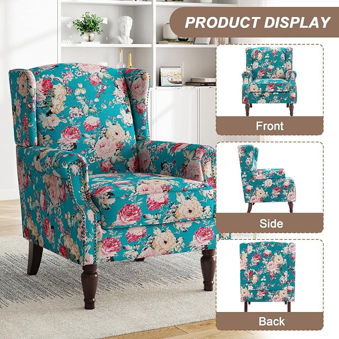 Pia Ricco High Back Floral Accent Chair - Retro Wingback Upholstered Armchair with Nailhead Trim, Solid Wood Legs, Fabric Living Room Bedroom Reading Chair (Peacock Blue)