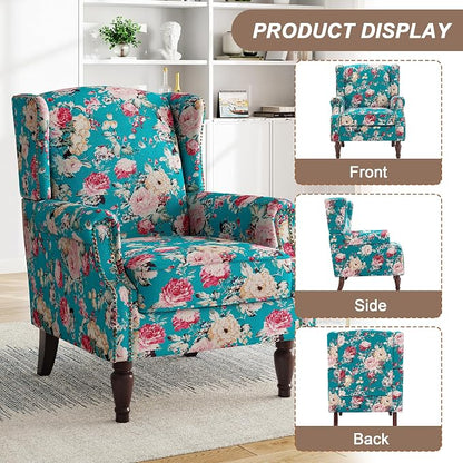 Pia Ricco High Back Floral Accent Chair - Retro Wingback Upholstered Armchair with Nailhead Trim, Solid Wood Legs, Fabric Living Room Bedroom Reading Chair (Peacock Blue)