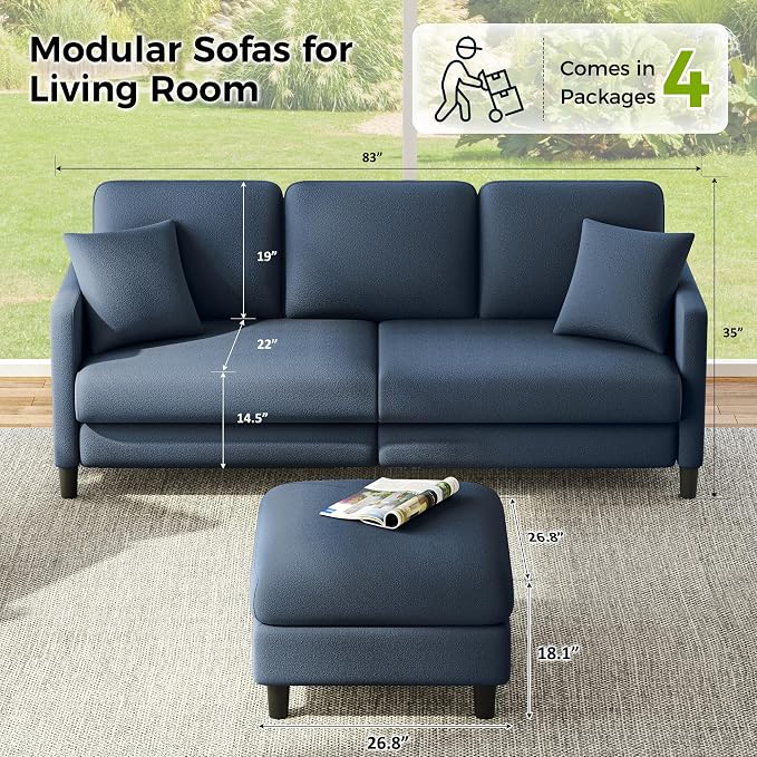 Welzona 83" Couches for Living Room, Teddy Sofa Couch with Storage Ottomans, U Shaped Couch with Movable Ottomans, Tool-Free Modular Sectional Sofa, All-Wood Sofas for Living Room 2 Pillows, Blue Grey