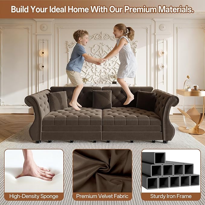 97.6" Oversized Pull Out Sofa Bed, Chesterfield Velvet Sleeper Sofa Couch with Roll Arm & Flower Tufting, Heavy Duty Metal Frame Convertible Sofa for Living Room, Apartment, Guest Room, Brown