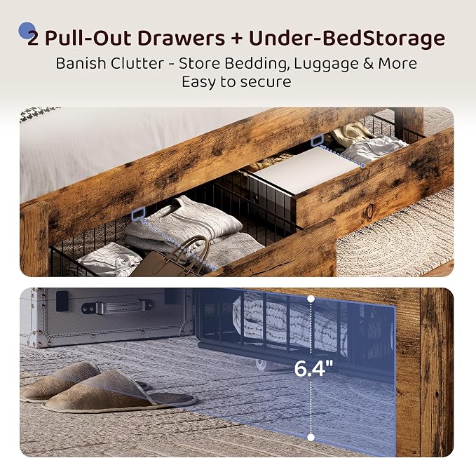 BRELTAM Queen Bed Frame with Storage Drawers Upholstered Bed with 2-Tier Storage Headboard and LED Light&Charging Station,Metal Platform Bed Frame Queen Size,No Box Spring Needed,Vintage Brown
