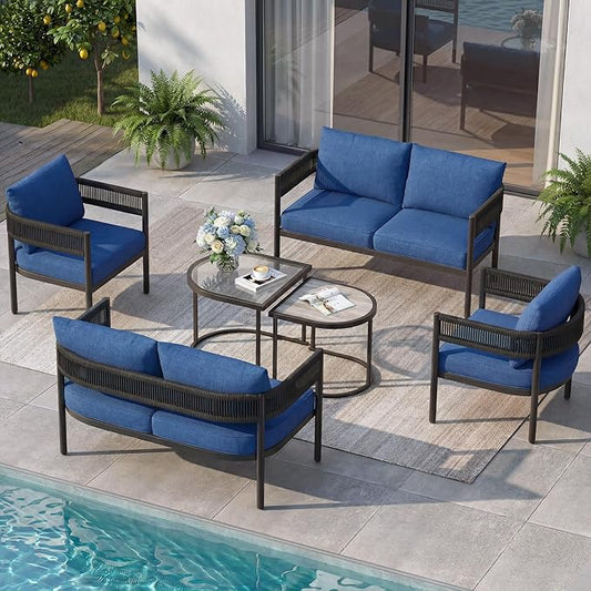 Grand patio 6-Piece Outdoor Furniture Set, 6 Seats Wicker Sofa Conversation Set with Thick Cushions and Coffee Table, for Backyard, Balcony, Garden (Peacock Blue)