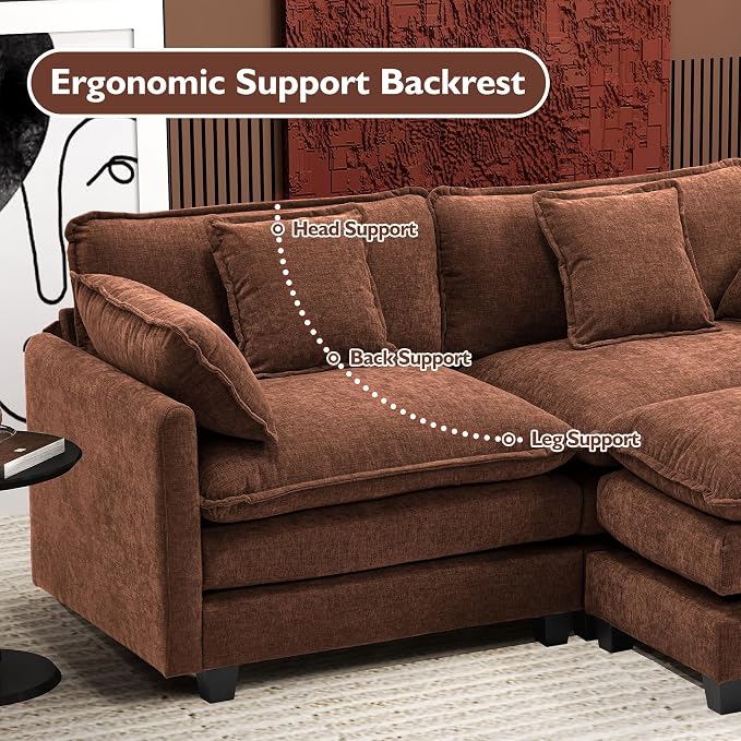 Ihanherry 77" L Shaped Modern Sofa Modular Sectional Luxurious and Comfortable with Ottoman, 3-Seat Chenille Deep Seat Sofa with Pillow for Living Room, Bedroom and Apartment,Brick Red