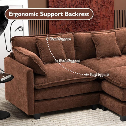 Ihanherry 77" L Shaped Modern Sofa Modular Sectional Luxurious and Comfortable with Ottoman, 3-Seat Chenille Deep Seat Sofa with Pillow for Living Room, Bedroom and Apartment,Brick Red