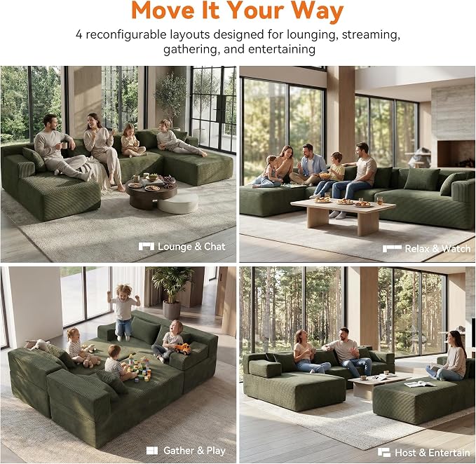 MONVANE 141" U Shaped Cloud Sectional Couch with Chaise Lounge, Modular Sectional Sofa with Removable Armrests, Comfy Corduroy Boneless Couches for Living Room, No Assembly Required, Green