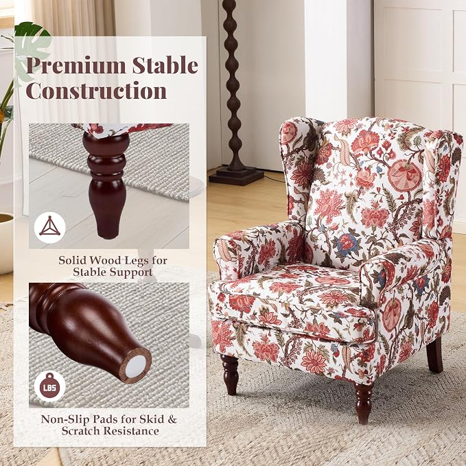 EROMMY Floral Accent Chair, Comfortable High Back Upholstered Armchair with Solid Wood Legs, Leisure Single Sofa Chair for Living Room, Bedroom, Home Office, Red Floral