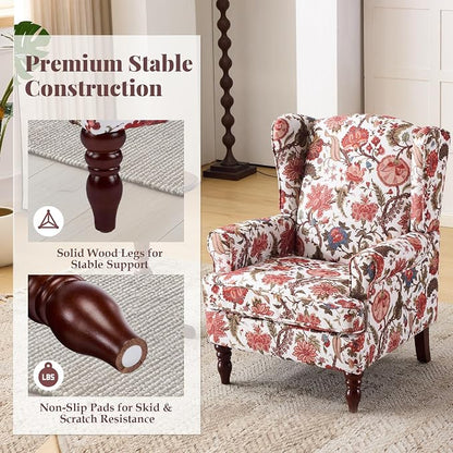 EROMMY Floral Accent Chair, Comfortable High Back Upholstered Armchair with Solid Wood Legs, Leisure Single Sofa Chair for Living Room, Bedroom, Home Office, Red Floral