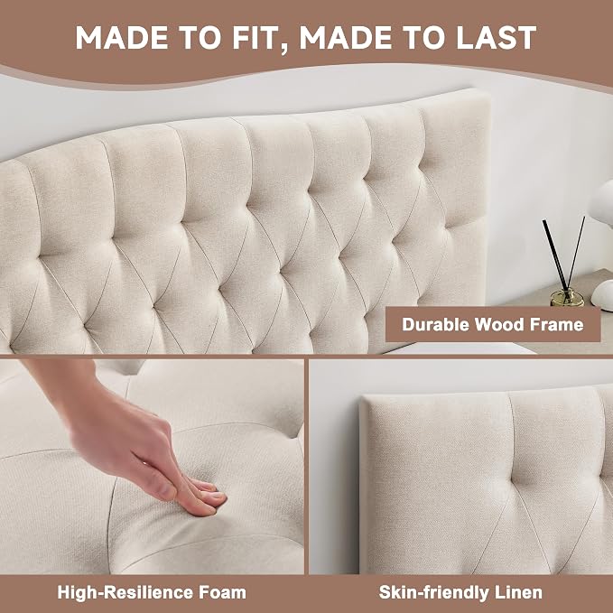 Tufted Upholstered Queen Size Headboard Only, Adjustable 38-50 in, Beige | Queen Headboard for Queen Size Bed, Durable Linen Fabric Headboards, Modern Diamon Design Wood Head Board