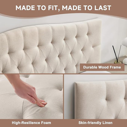 Tufted Upholstered Queen Size Headboard Only, Adjustable 38-50 in, Beige | Queen Headboard for Queen Size Bed, Durable Linen Fabric Headboards, Modern Diamon Design Wood Head Board