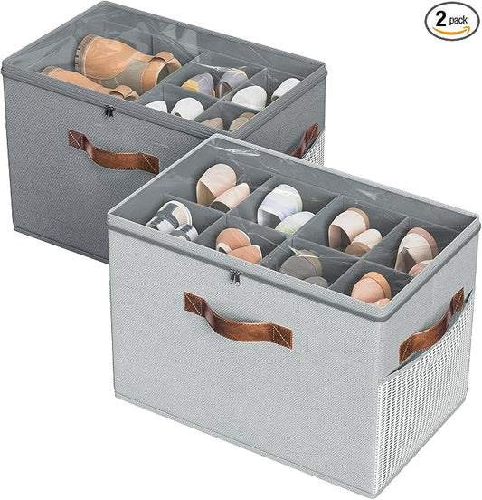 Budding Joy 2 Pack Shoe Organizer for Closet, Clear Foldable Shoe Storage Containers Adjustable Dividers Fits 16 Pairs,Shoe Storage Bins Baskets Boxes with Reinforced Handles Light Grey Greenish Grey | Farbic shoe storage organizer box bin with clear c...