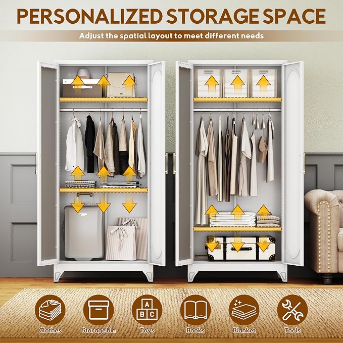 UNICOLY Metal Wardrobe Cabinet with Mirror Doors，71" Tall Armoire Wardrobe Closet with Hanging Rod and Adjustable Shelves，White Clothing Storage Cabinets for Bedroom, Living Room,Office