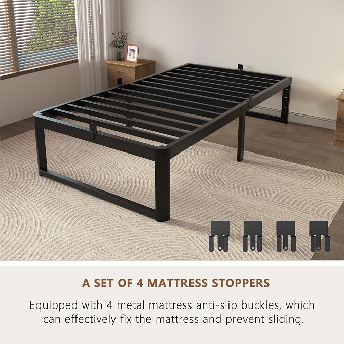 ZTH Twin Size Metal Platform Bed Frame 14 in, No Box Spring Needed, Black | Heavy duty support, Underbed storage, Noise-free design, Anti-slip clips, Rounded legs, Easy assembly, Headboard compatible
