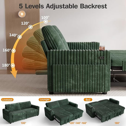 Sunny Heart 91" Plush Corduroy L Shaped Sectional Sleeper Sofa Bed with Pull Out Bed, Reclining Backrest, Reversible Storage Chaise, USB Ports, Cup Holders, Tool Free Assembly,Forest Green