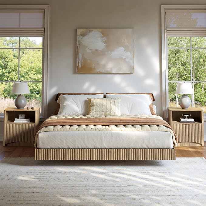 Evermagin Bedroom Furniture Set-Bed with 2 Nightstands, Mid Century Modern Bedroom Set, Floating Bed Frame Led Lights, Fluted Floating Room Furnitures, 3-Piece Room Set (Nbh, King)
