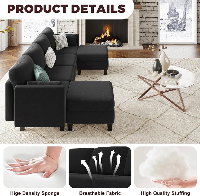 Modular Sectional Sofa, 6 Seaters Modular Sleeper Sofa Couch, Comfy Sectionals Couches Bed, Convertible Sofas with Ottomans, Sectional Couches for Living Room, Black