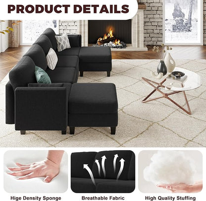 Modular Sectional Sofa, 6 Seaters Modular Sleeper Sofa Couch, Comfy Sectionals Couches Bed, Convertible Sofas with Ottomans, Sectional Couches for Living Room, Black