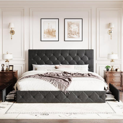 SHA CERLIN Upholstered King Platform Storage Bed Frame with 4 Drawers, Adjustable Headboard with Faux Leather Diamond Button Tufted Design, Wooden Slat Support, No Box Spring Needed, Black
