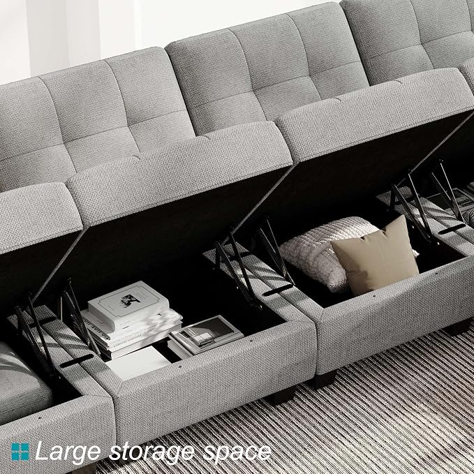Belffin Modular Storage U-Shape Sectional Sofa Couch with Reversible Chaises 7-seat Sofa with Storage Seat Modular Sectional Sofa Set with Ottomans Modern Fabric Light Grey