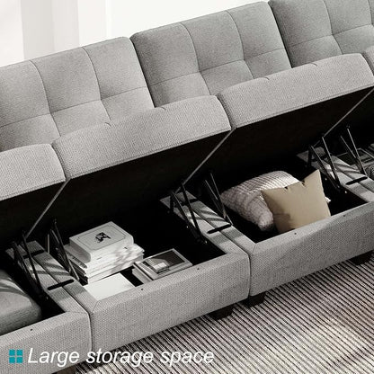 Belffin Modular Storage U-Shape Sectional Sofa Couch with Reversible Chaises 7-seat Sofa with Storage Seat Modular Sectional Sofa Set with Ottomans Modern Fabric Light Grey