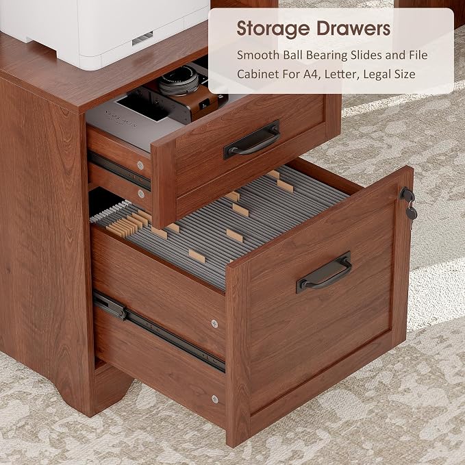 Whalefall 63'' Farmhouse L Shaped Desk with Monitor Stand Shelves, Brown | Corner Computer Desk with Drawers, Executive Home Office L Desk with File Cabinet Storage and Charging Station