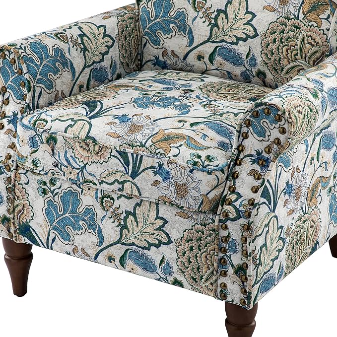 HULALA HOME Modern Wingback Accent Chairs Set of 2 with Wood Legs & Removable Cushion, Comfy Upholstered Armchairs with Nailhead Trim, Floral Pattern Single Sofa Chairs for Living Room Bedroom, Green