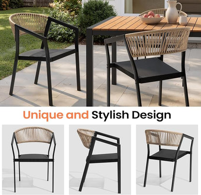 Pellebant Aluminum 11-Piece Outdoor Dining Table Set for 8-10 Person | Patio Stackable Chair with U-Shaped Wicker Backrest, 94" Table with Wood-Grain Top & Umbrella Hole, Aluminum Frame Furniture